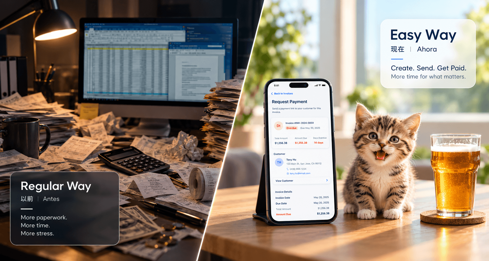 Regular Way: more paperwork, more time, more stress. Easy Way with INDIE EASY: create, send, get paid, and have more time for what matters.